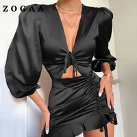 zogaa sexy deep v neck party dress women satin lace up ruffles holow out ruched dress female vestido elegant slim mini dresses