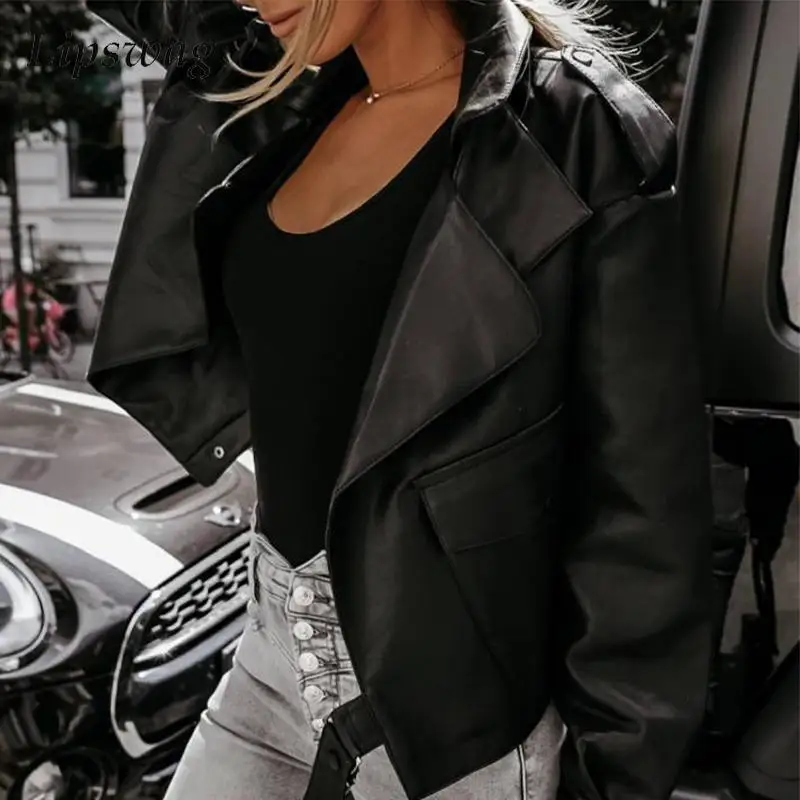 

Женская короткая куртка из искусственной кожи, элегантная винтажная верхняя одежда с отложным воротником и длинными рукавами, с карманами