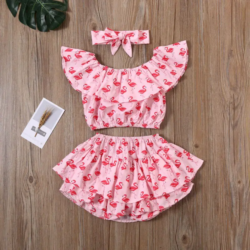 

Emmababy Toddler Baby Girl Clothes Flamingo Sunflower Set Ruffle Crop Tops Tutu Shorts Headband Summer 3 Pcs Set