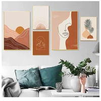 boho abstract landscape nordic posters and prints beige gallery wall art canvas painting sun woman face line art pictures decor