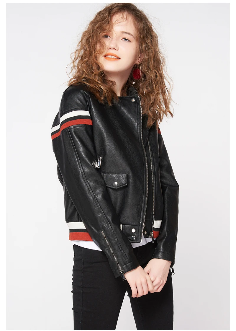 

Куртка женская из ПУ кожи в полоску, черная Весенняя Красивая трендовая мотоциклетная одежда на молнии с надписью, F101