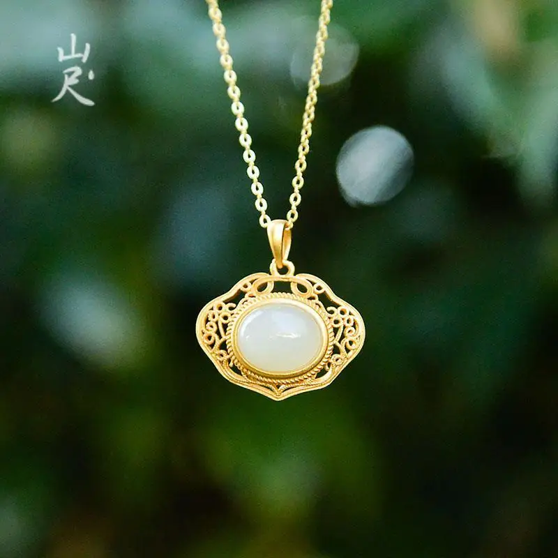 

Original Natural Hetian Jade White Jade Ruyi Pendant 925 Sterling Silver Jade Necklace Classical Gift for Mother..