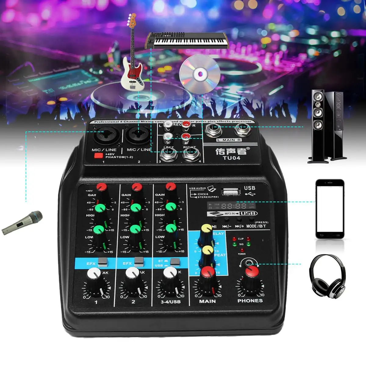 

Wireless 4-channel Audio Mixer Portable Sound Mixing Console USB Interface MP3 Computer Input 48V Phantom Power Monitor for Home