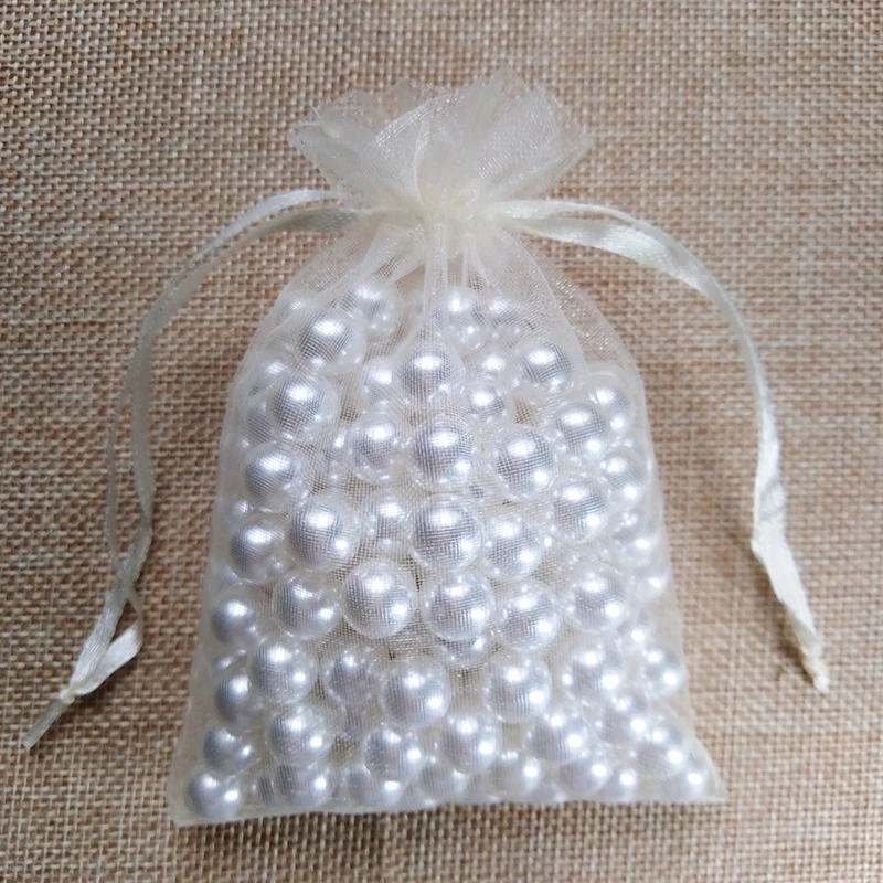 Beige 50 шт./лот, 5x7x9, 9x12, 10x15 см, сумки из органзы для упаковки ювелирных изделий, сумки для украшения свадебной вечеринки, сумки для подарков, 24 цвета - Цвет: Beige