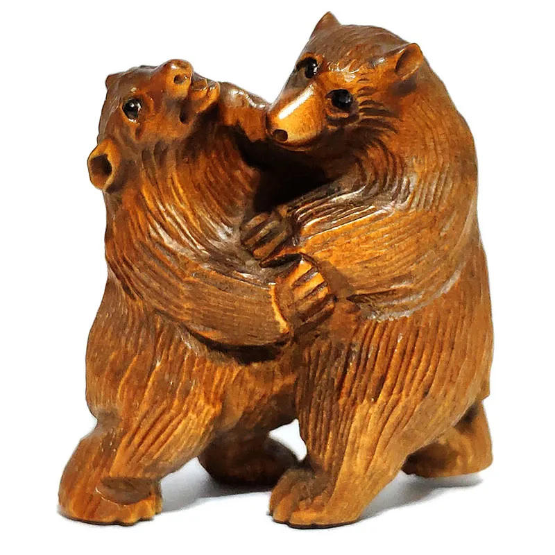

Y6201 - 2" Good Quality Hand Carved Boxwood Netsuke - 2 Bears Hug