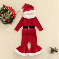 toddler girls 3pcs christmas outfits long sleeve plush trim belted tops flare pants santa hat clothing set