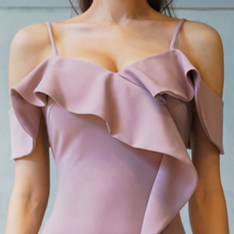 

Sexy Summer Dresses Elegant Ruffles Slim Pencil Dress 2020 Spaghetti Strap Split Vestidos Sheath Bodycon Party Dressse TA2005