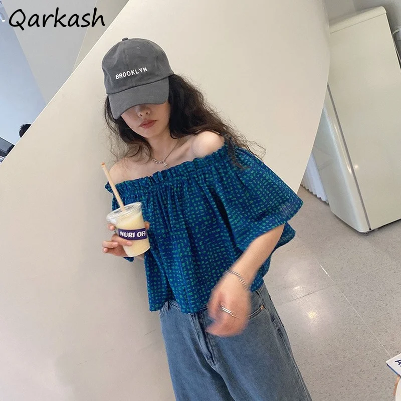 

Blouses Women 2021 College Blue Blusa Korean Style Slash Neck Plaid Casual Short Sleeve All-match Artistic Simple Cropped Design