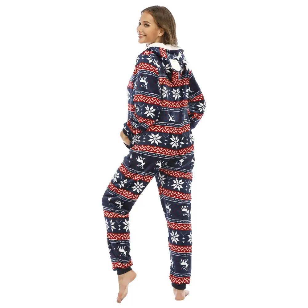 Women Adult Onesie Christmas Deer Pajama Cute Animal Hooded Funny Cartoon Jumpsuit Winter Warm Soft Festival Party Street Wear