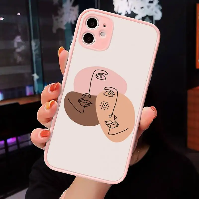 

Art Retro Abstract Geometry leaves Phone Case For iPhone 12 11 Mini Pro XR XS Max 7 8 Plus X Matte transparent Pink Back Cover
