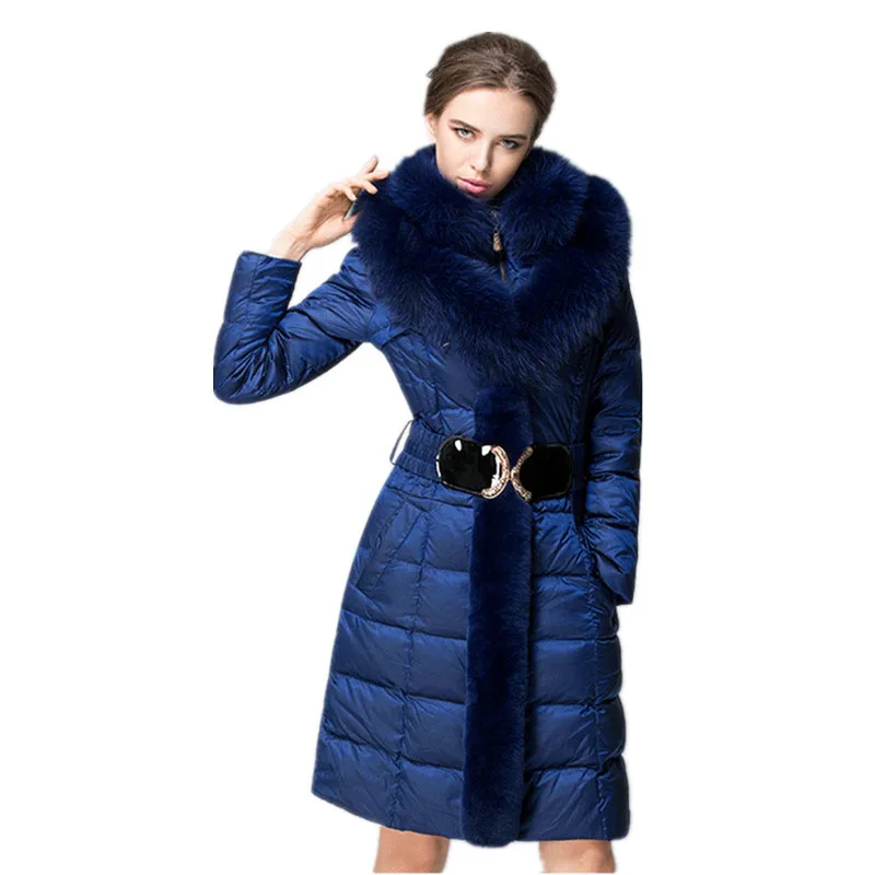 

Down Winter Fashion Jacket Women Fox Fur Collar Slim Warm Down Coat Female Long Parka Ladies Elegant Outwear Hooded 754