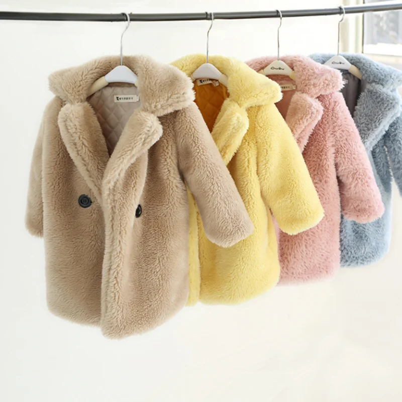 2-9Y Kids Girls Faux Fur Coats 2022 Winter Thicken Warm Mid-length Cashmere Coat for Children's Boys Clothing Christmas