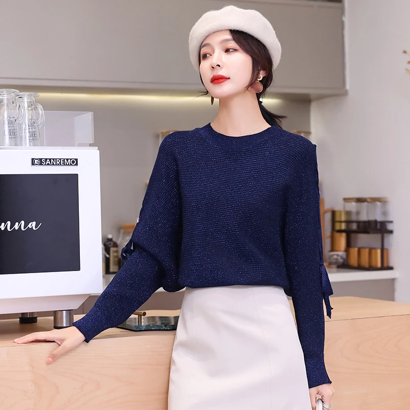 Розовые вязаные свитера женские топы свободные новинка 2019 Осенние кружевные с