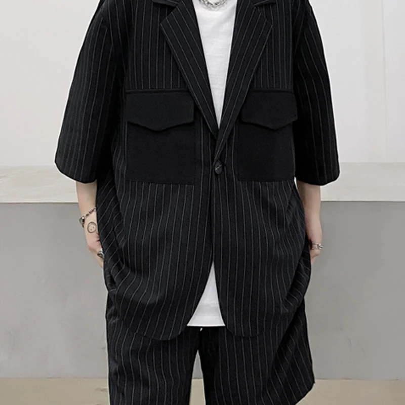 

XITAO Striped Casual Short Sets Women Fashion New Style Notched Collar Three Quarter Sleeve Pocket Elegant Personality ZY5845