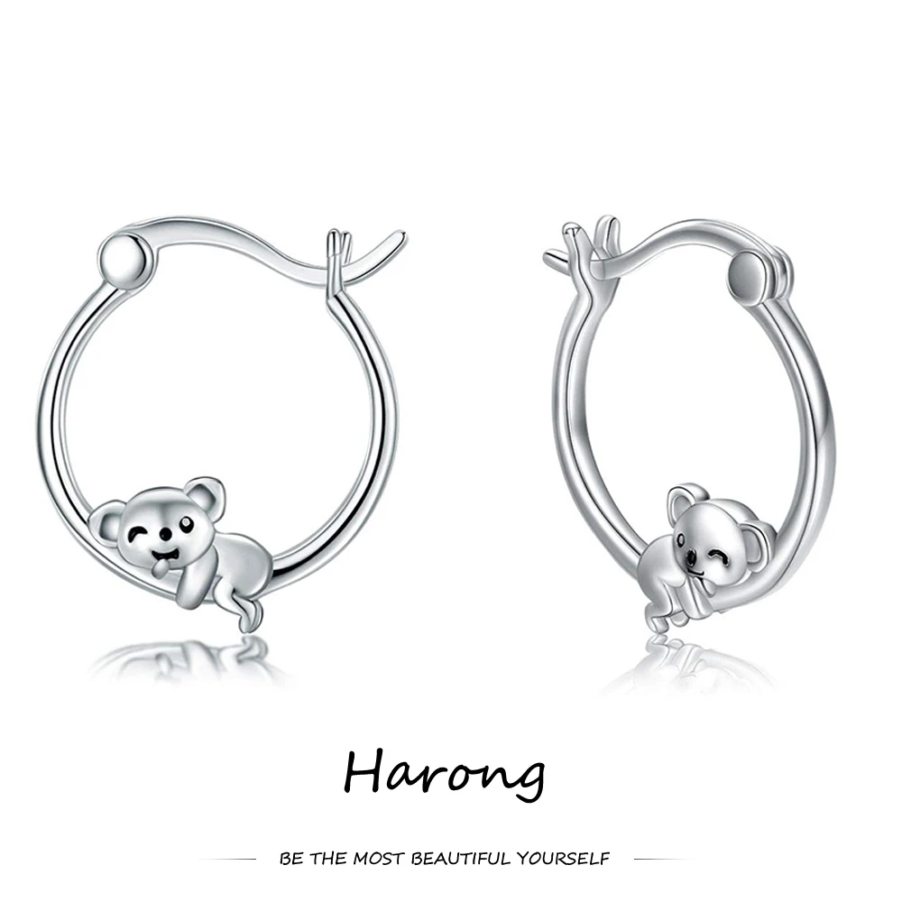 Harong Cute Koala Hoop Earrings Female Animal Series Siver Color Metal Luxury Ear Clip Jewelry for Women Girls Perfect Gift