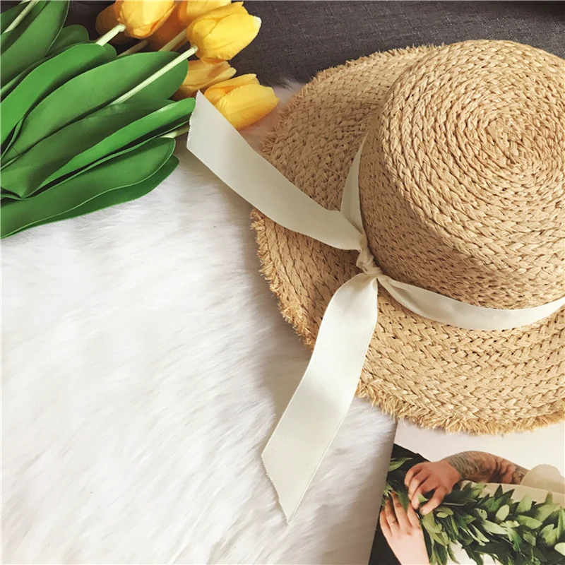 

LunaDolphin Handmade Women Summer Sun Hat Beach Raffia Panama Straw Cap Big Brim Black White Bow Ribbon Temperament Flat UV Cut