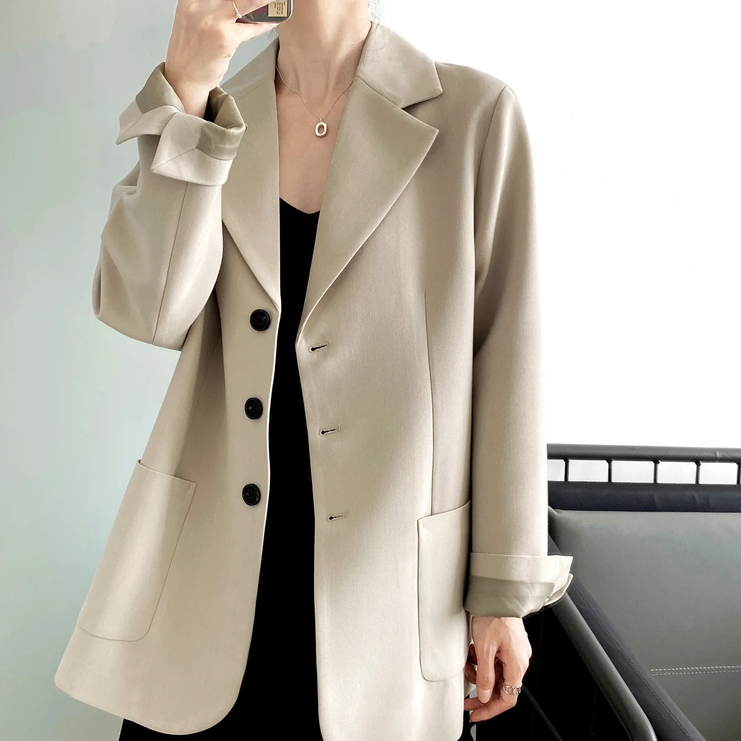 

Винтажный Женский блейзер свободного покроя с английским воротником однобортный женский костюм с карманами Осенняя Новая повседневная ве...