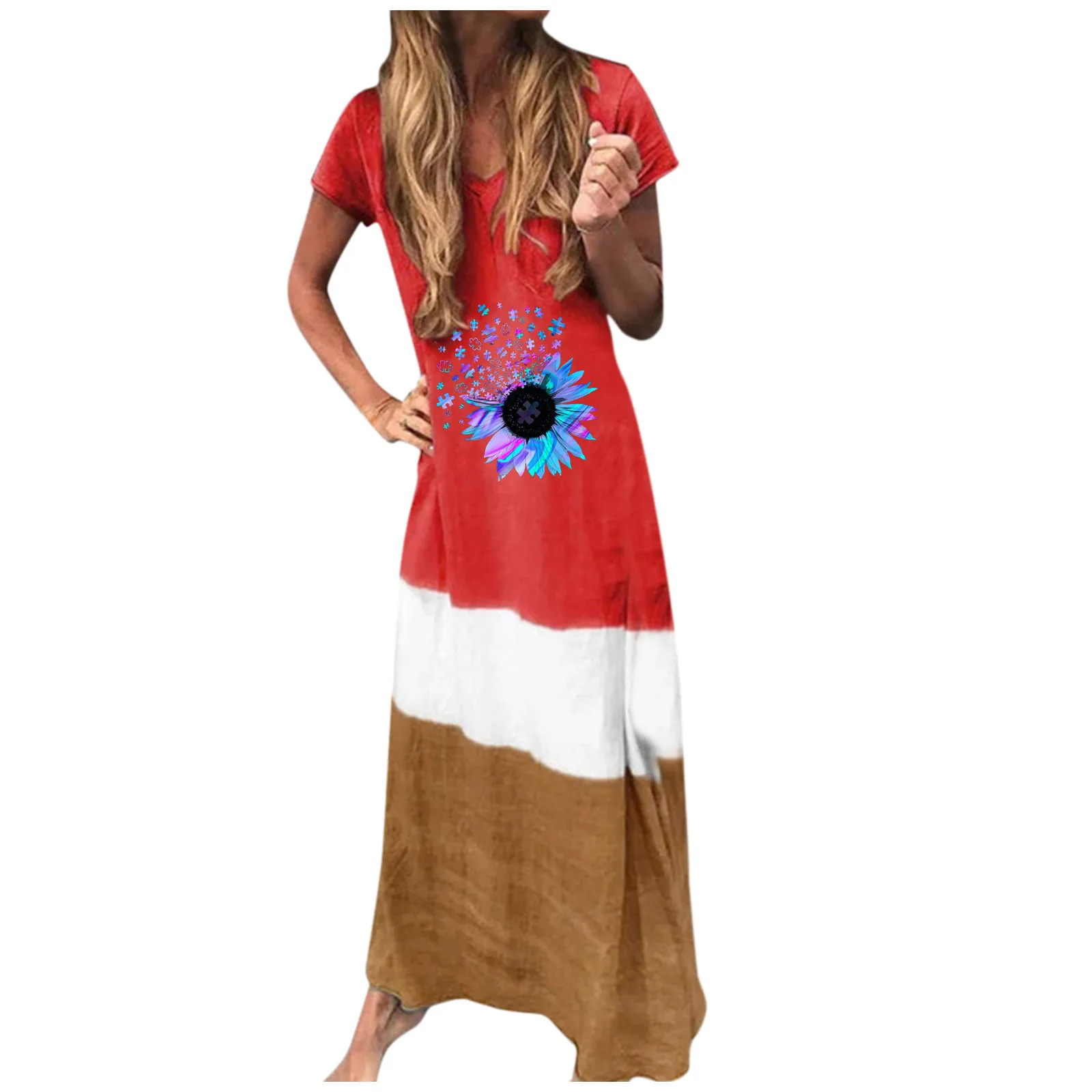 

40# Bohemian Floral Printing Dress Women Summer Short Sleeve Straight Long Summer Dress Causal V Neck Cotton Dress For Woman