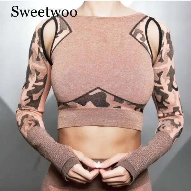 Набор для йоги женские бесшовные камуфляжная футболка с длинными рукавами Топы