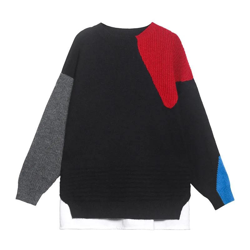 

Johnature Spring New Patchwork False Two-piece Sweaters 2021 Fashion Loose O-neck Knitting Women Sweater
