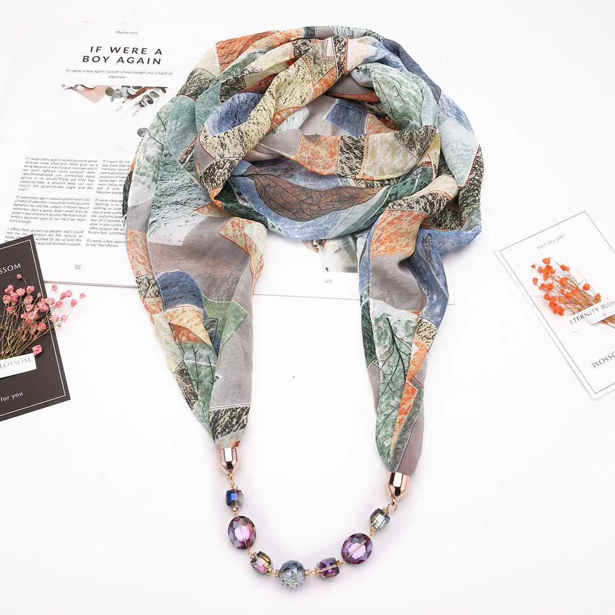 

2021 New European and American Chiffon Necklace Scarf Spring/Summer Lady Man-made Crystal Necklace Pendant Bib Scarf Lady Scarf