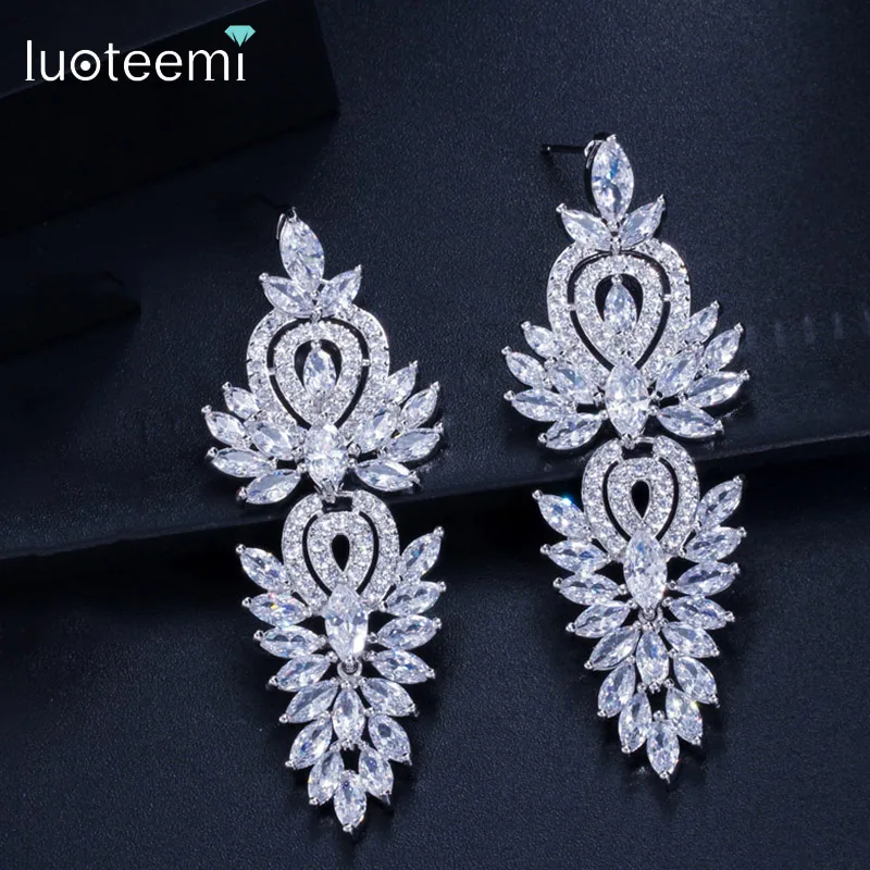 

LUOTEEMI Fashion Wedding Long Drop Earring for Bridal Cubic Zirconia Women Party Accessories boucle oreille femme Christmas Gift