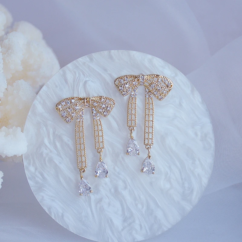 

2021 New Arrive Popular Design 14K Real Gold Bow-knot Earrings for Women Charm Jewelry Zircon Stud S925 Silver Needle Party Gift