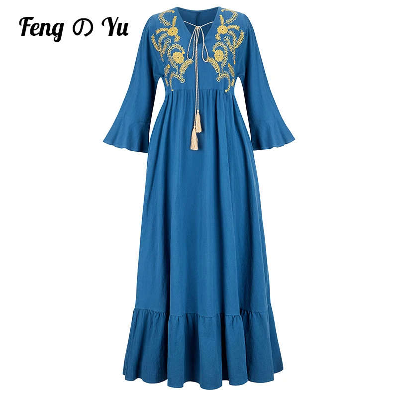 Женское платье с круглым вырезом, однотонное синее платье с цветочной вышивкой, поясом на талии, длинным Расклешенным рукавом, в этническом ...