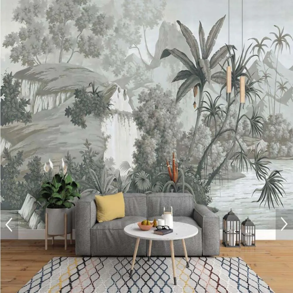 

Monochrome Tropical Banana Leaves Wall Mural Black White Landscape Wall Paper for Living Room Study Room Photo Wallpaper Murals