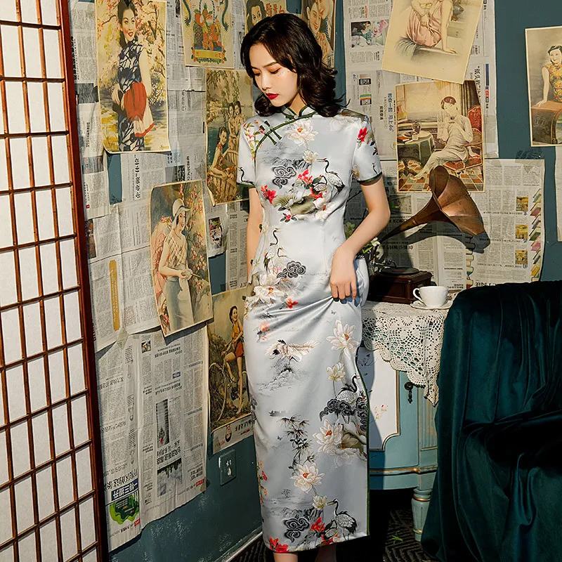 Женское атласное платье-Ципао на пуговицах винтажное вечернее платье с