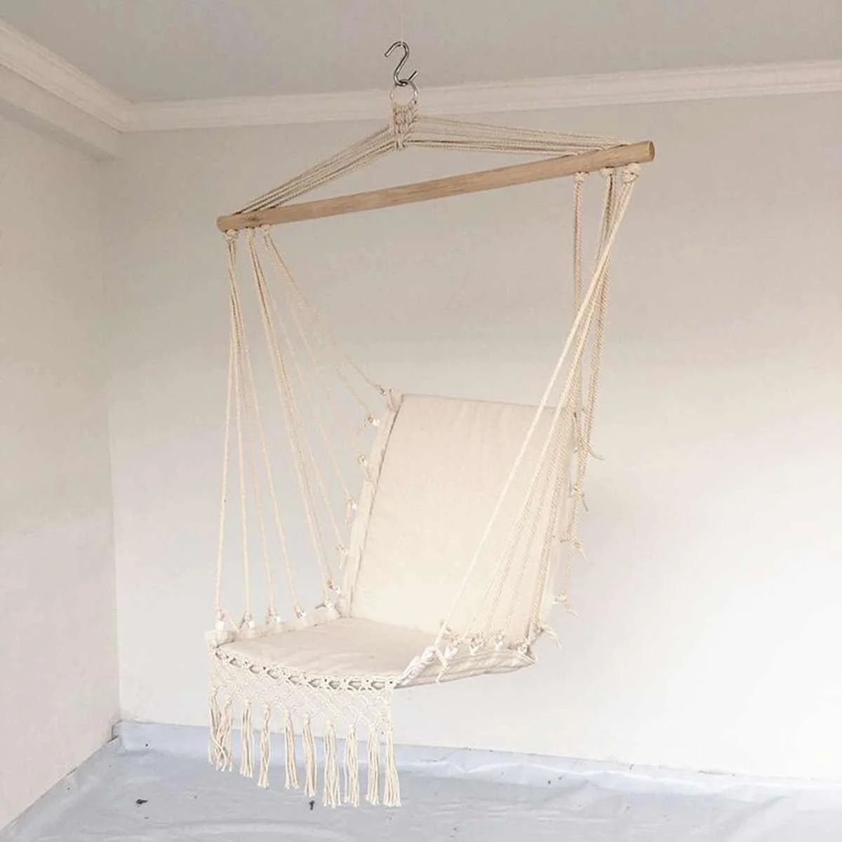 

2021 Nordic Style Home Garden Hanging Hammock Tassel Hammock Chair Outdoor Indoor Dormitory Swing Hanging Chair with Wooden Rod