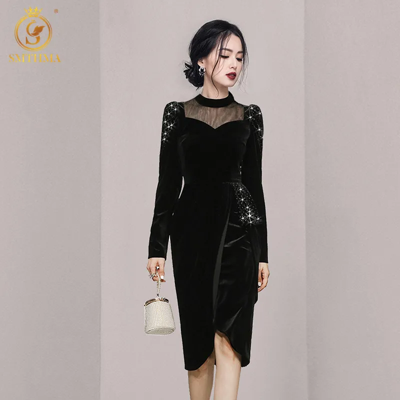 SMTHMA/Новинка Осеннее элегантное винтажное бархатное платье Вечерние блестящие