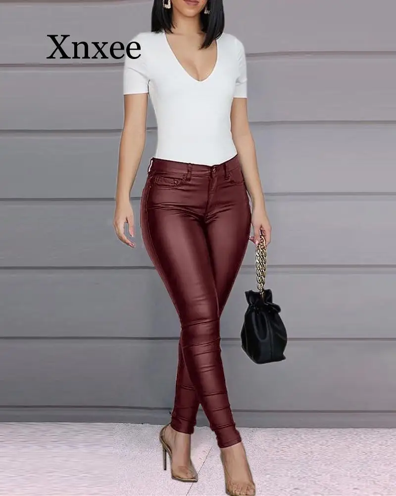 

Элегантные облегающие длинные брюки на молнии, женские брюки из искусственной кожи, женские эластичные Стрейчевые узкие брюки-карандаш