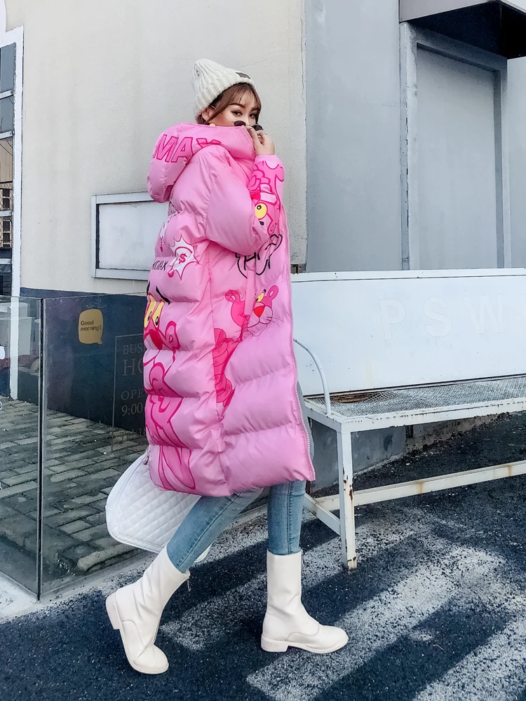 Корейская женская уличная длинная куртка с героями мультфильмов зимние теплые
