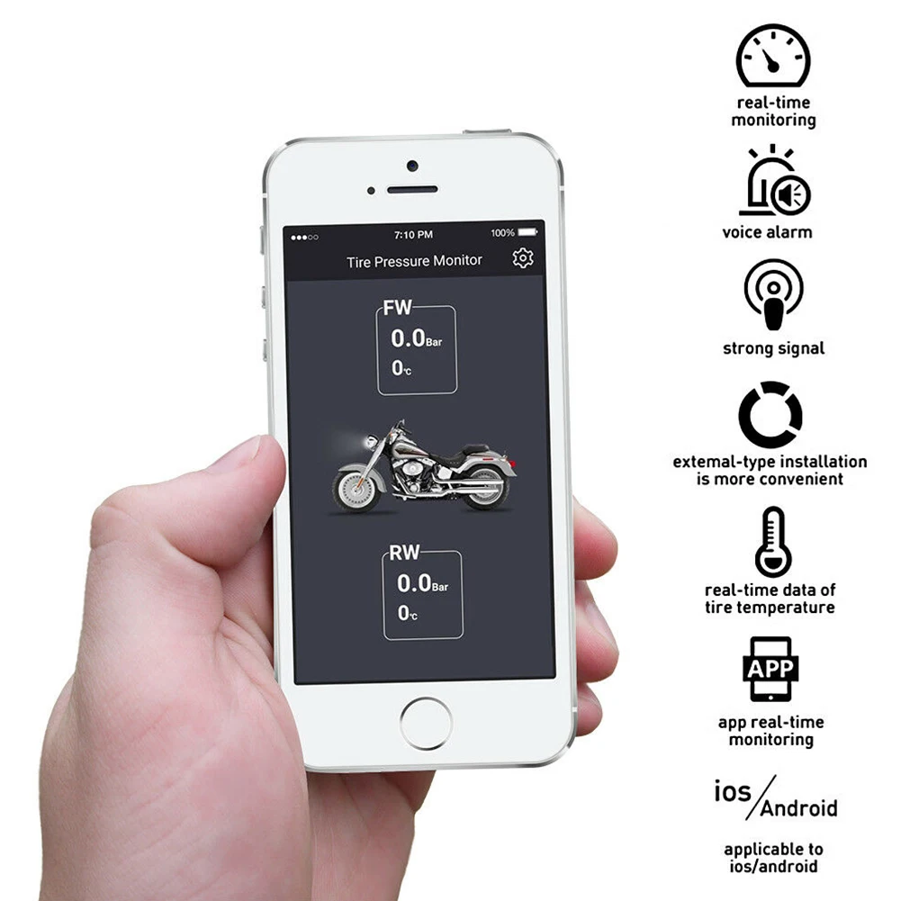 

2pcs Bluetooth Protective Waterproof Tire Pressure Monitor Wireless Alarm Anti-theft External Sensor Low Power Black Motorcycle