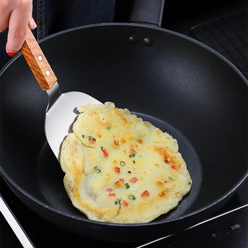 

Wooden Handle Stainless Steel Omelette Shovel Multifunctional Pancake Steak Spatula Non-Stick Baking Cooking Utensil for Kitchen