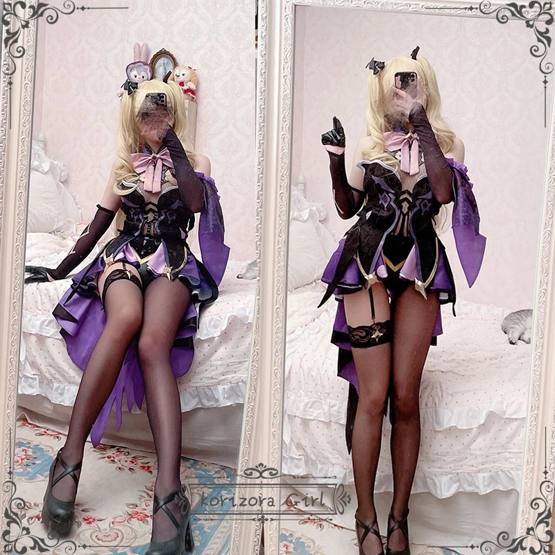 

Anime Game Genshin Impact Fischl Purple Lolita Dress Gorgeous Shinning Uniform Cosplay Costume Halloween Women Freeshipping 2021