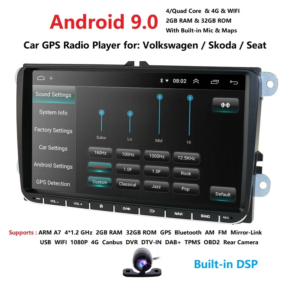 2G ram Android9.0 Автомобильный мультимедийный плеер gps для V W/Golf/Tiguan/Skoda/Fabia/Rapid/Seat/Leon/Skoda RDS стальное колесо управления камерой