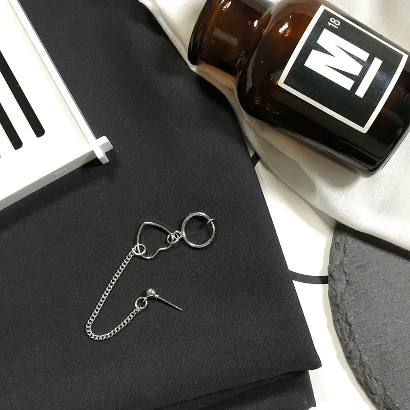 

1pair Women Punk Long Chain Cute Earrings Clip Circle Asymmetry Hollow Heart Pentagram Dangle Earrings Hip Hop Irregular Jewelry
