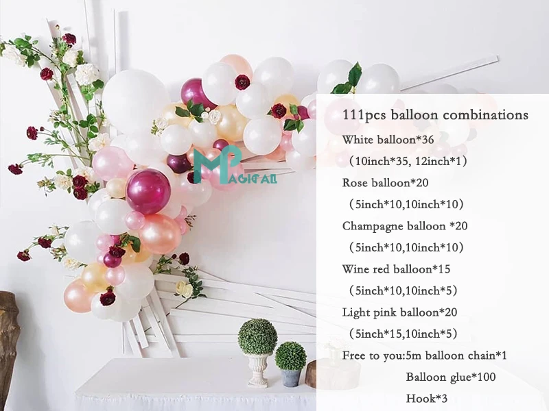 

111pcs Wine Red Balloon Garland Rose White Champagne Ballons Arch Kit For Wedding Birthday Baby Shower Party Decoration Supplies