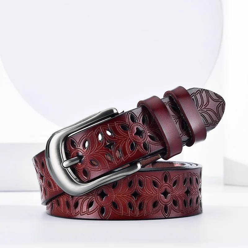

2020 Women Belt Genuine Leather belt for Women Strap Female Pin Buckle Fashion Vintage Metal Embossing belts FG4001N-2