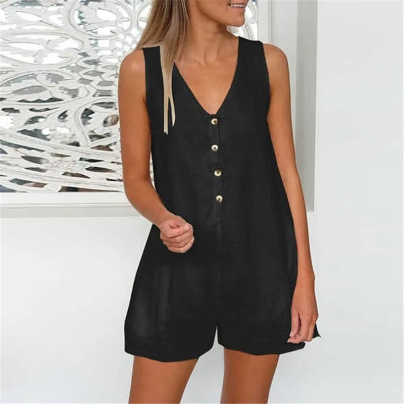 Женский Повседневный хлопковый льняной короткий комбинезон без рукавов с v