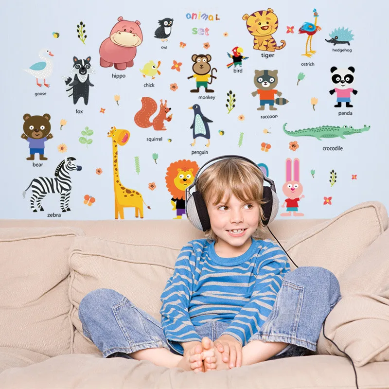 

Мультяшные животные тематические наклейки на стену для детской комнаты домашний декор Лев слон жираф зебра сафари Настенная роспись искус...