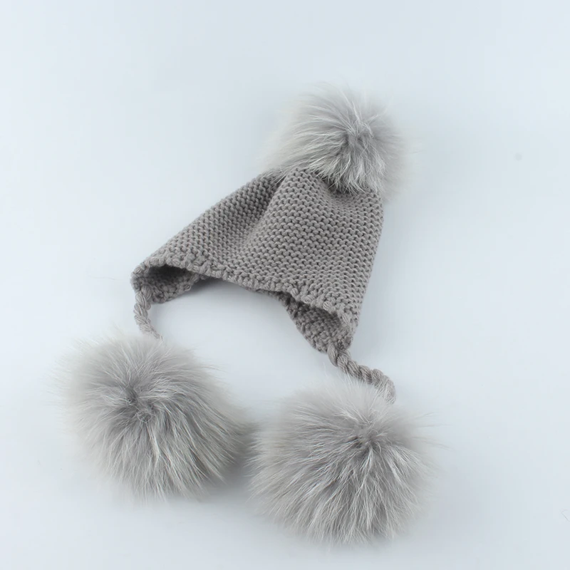 Детская шапка с помпонами теплые вязаные шляпы настоящим мехом для детей зимние