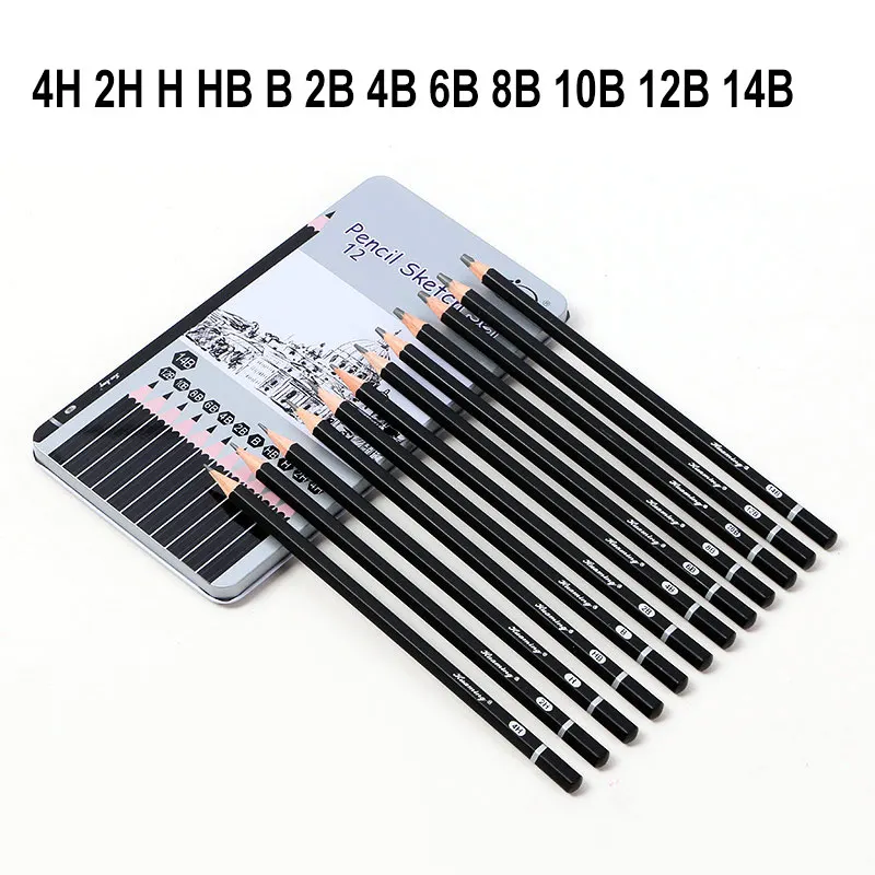 

12Pcs/Set 2H-8B 4H-14B Sketch Drawing Pencil Soft /Medium/ Hard Charcoal Wooden Art Painting Stationery Pencils With Metal Box