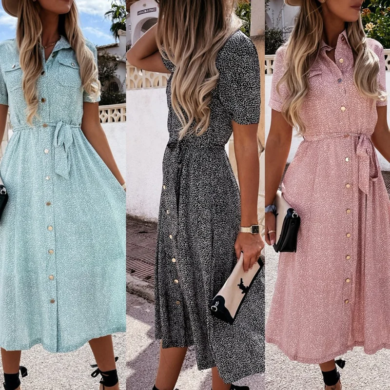 

Sepduvon Women Floral Print Long Dresses Elegant Summer Loose Bandage Design Lapel Neck Short Sleeves Boho Maxi Dress 2021 New
