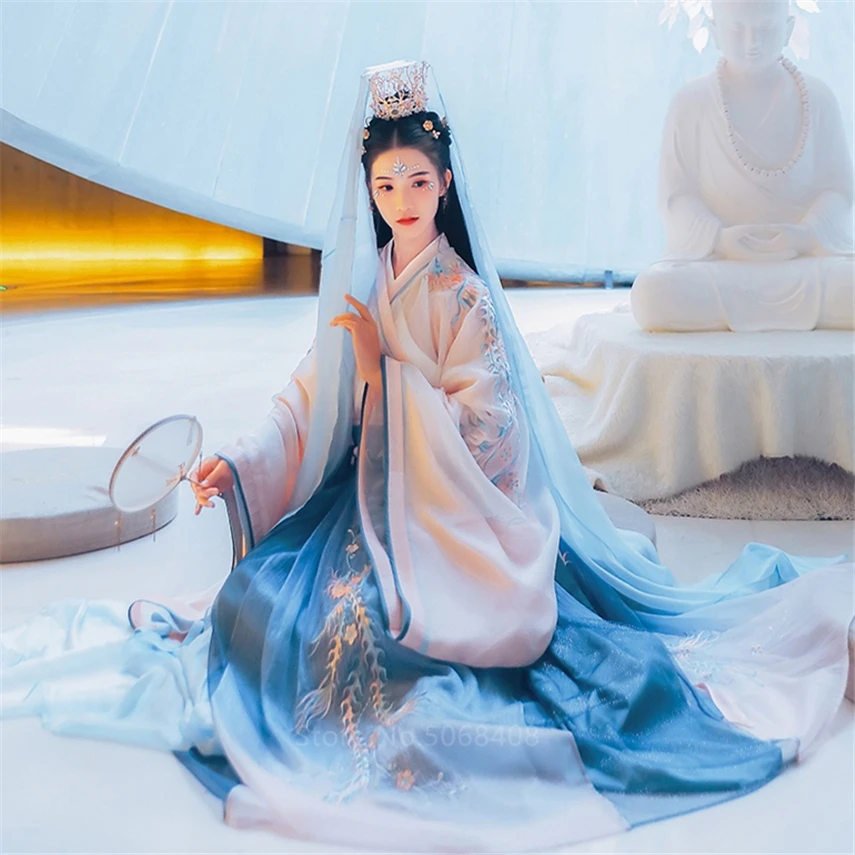 

Elegant Hanfu for Women Embroidery Mesh 6m Big Swing Phoenix Embroidery Hanfu Gradient Color Dress Fairy Girls Performance