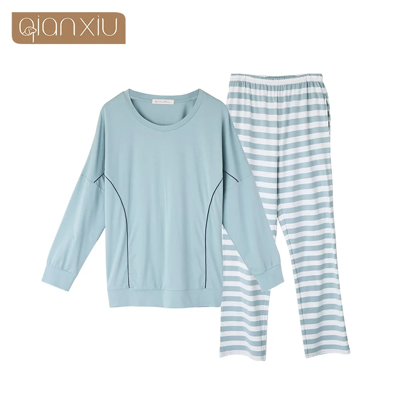 

QianXiu 2019 New couple autumn ladies cotton round neck striped head long sleeve pajamas suit comfortable home service