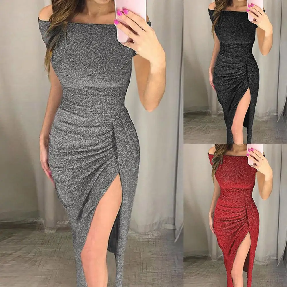 

Dropshipping!!Bodycon Dress Off Shoulder Shiny Spring Autumn Slash Neck Strapless High Split Dress for Wedding
