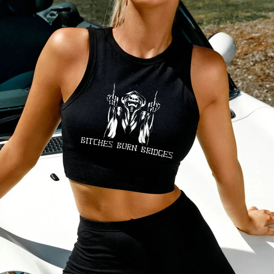 

Women's 2021 summer new skull print short open navel slim vest for women Free shipping